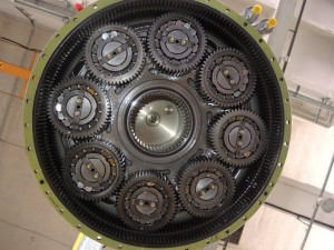 A View from Below of a 2nd Stage Epicyclic Stage.  Note the 8 Planet Gears and the Bearings within them (Credit: AAIBN)
