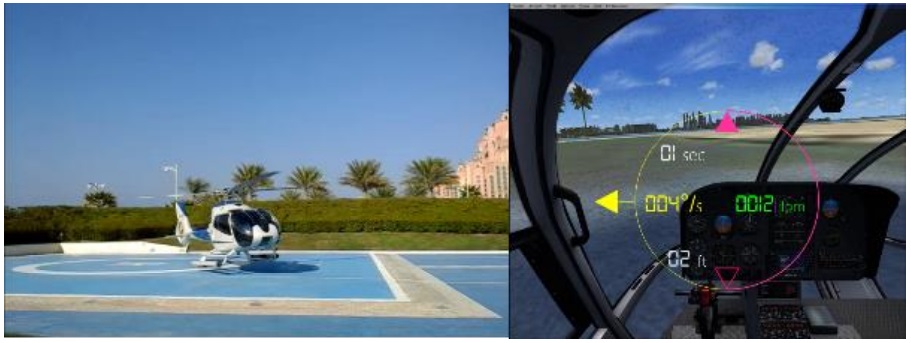 Left: handheld video.  Right: reconstruction of pilot view overlayed with flight data.  The start of the takeoff  sequence. The Aircraft  picked up into a low hover and immediately began to turn to the left (Credit: GCAA) 