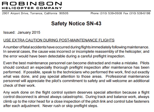 Robinson Helicopter Company - Safety Notice SN-43 