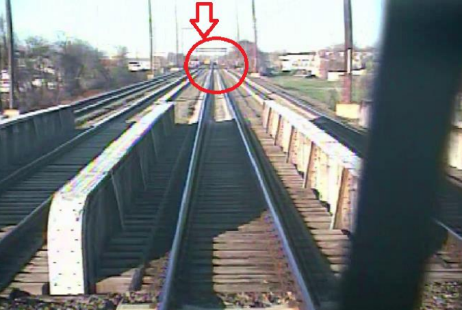 The view from the train's forward camera, approximately 8.5s before impact as vehicles begin to become visible (Credit: NTSB)