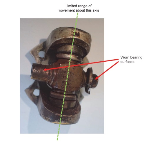 Corroded universal joint trunnion and worn bearing surfaces Wasp G-KAXT (Credit: AAIB)