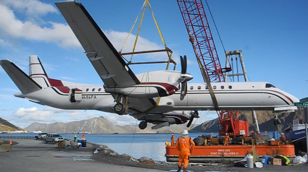 Recovery of PenAir Saab 2000 N686PA Unalaska, AK Runway Excursion (Credit: NTSB)