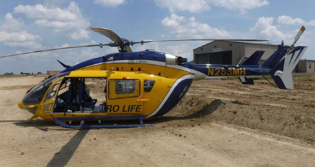 Metro Aviation HEMS Airbus Helicopters BK117C2 / H145 N263MH at Wayne County Airport (KBJJ), Wooster, Ohio After Hard Landing, Tangled in Silt Fencing (Credit: NTSB)