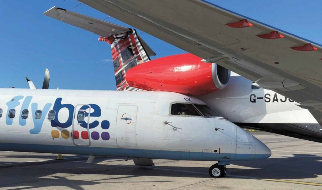 Former Flybe Bombardier Dash 8 Q400 G-JECK after a Runaway Ground Collision with Parked Loganair ERJ145 G-SASJ at Aberdeen Airport (Credit: AAIB)