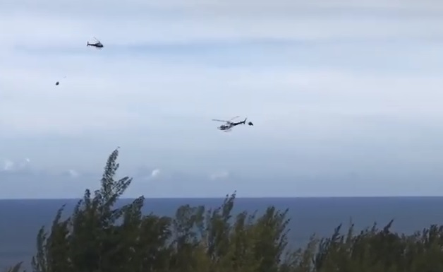 The Accident Helicopter (foreground) and an AS350 of Another Company (background) with Longer Sling (Credit: YouTube Video Posted by 'BK117B2')