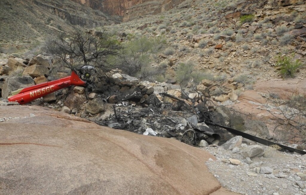 Wreckage of Papillion Airbus EC130B4 N155GC, near Quartermaster, Grand Canyon (Credit: NTSB)
