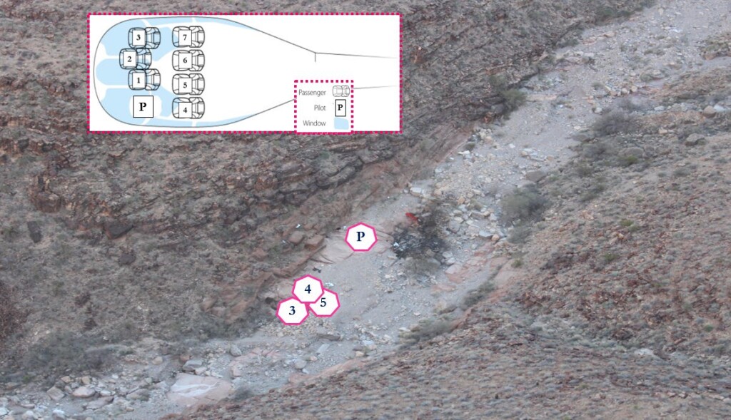 Survivor Locations: Papillion Airbus EC130B4 N155GC, near Quartermaster, Grand Canyon (Credit: via NTSB)