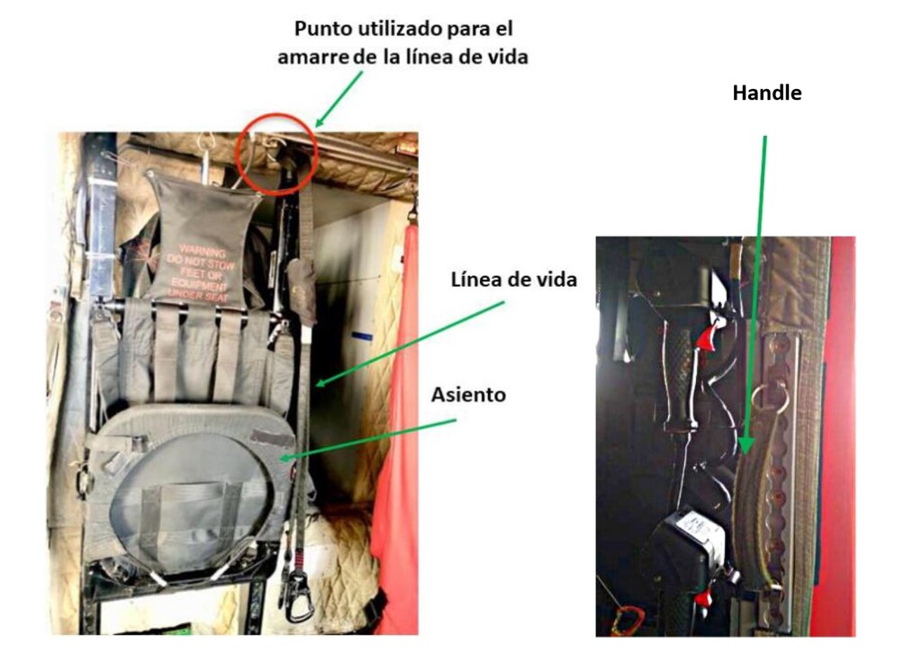 Babcock MCS Spain SAR Leonardo AW139 Rescuer's Seat & Lifeline Hardpoint (left) and Doorway Flexible Handle (right) (Credit: via CIAIAC)