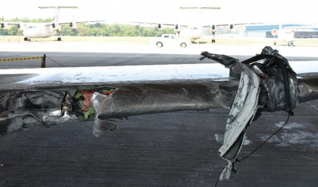 Damage to Left Wing of Berjaya Air Bombardier BD-100-1A10 Challenger 300 9M-TST After Collision with Vehicle Landing at Kuala Lumpur-Sultan Abdul Aziz Shah Airport  (Credit: Malaysian AAIB) 