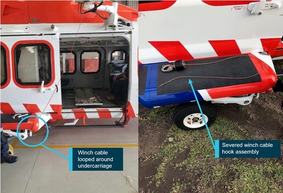 Reconstruction of AW139 Hoist Cable Fouling and the Severed Cable and Hook Assembly (Credit: Annotated by ATSB)