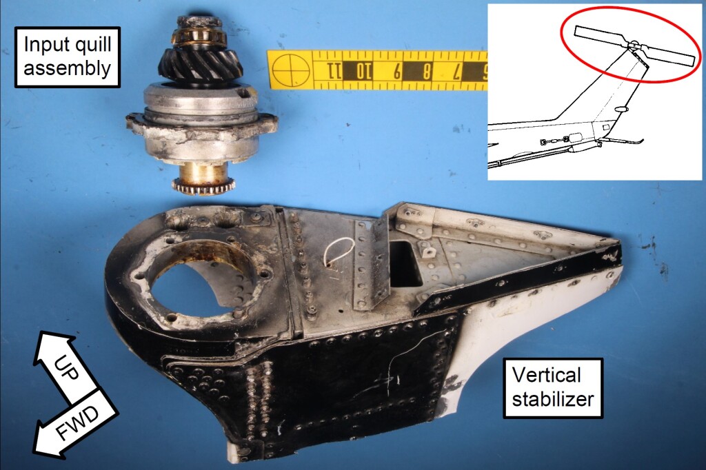 Vertical Stabiliser and Input Quill Assembly of Bell UH-1H N3276T in Mesa, AZ (Credit: NTSB)