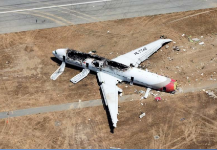 Wreckage of Asiana, Flight 214, a Boeing 777, HL7742,at SFO (Credit: NTSB)