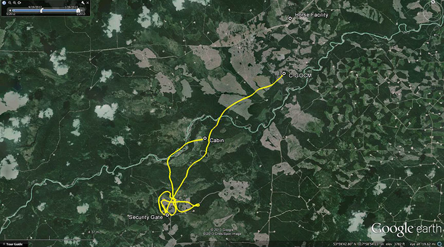 The flight path from cabin to security gate to accident site (1718 to 1740): Gemini Helicopters Robinson R44 Raven II C-GOCM (Credit: TSB)