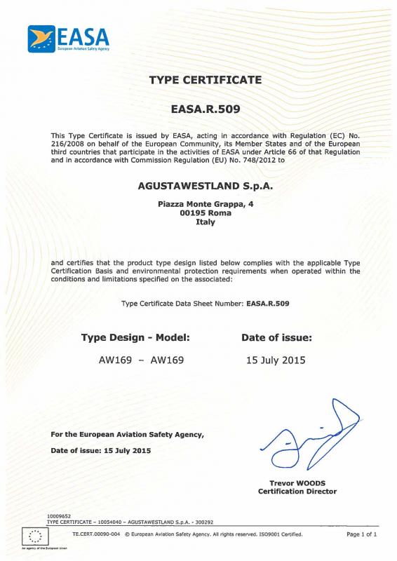 AW169 Type Certificate (Credit: EASA)