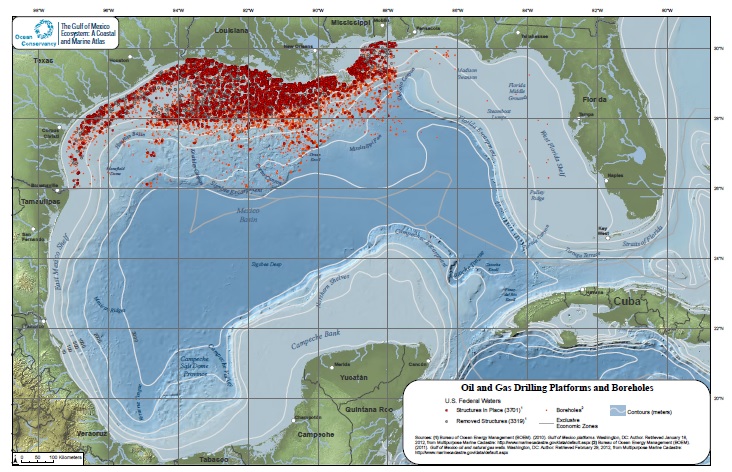 Map of Gulf of Mexico (GOM) Oil Installations and Wells (Credit: NOAA)