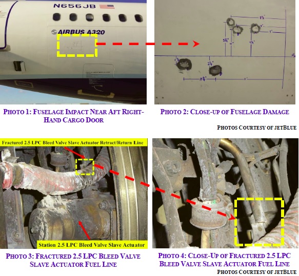 Some minor fusleage damage and the fractured fuel line (Credit JetBlue via NTSB)