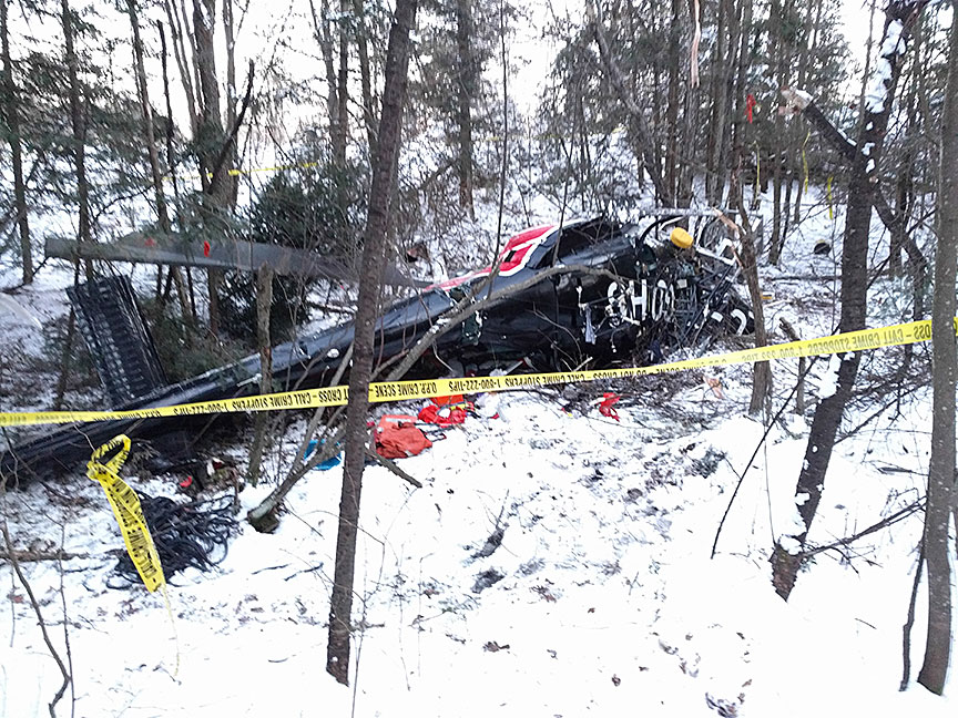 Wreckage of Hydro One Networks Airbus Helicopters AS350B2 C-GOHS  need Tweed, ON on 14 December 2017 (Credit: TSB Canada)