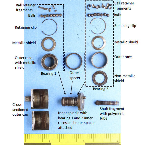Disassembled spool bearing with labels (Credit: NTSB)