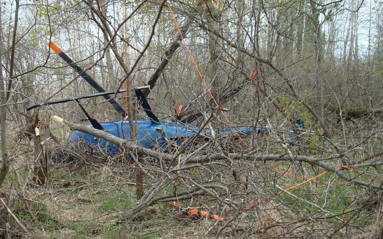 Wreckage of Rotor Blade MD Helicopters 369E N629JK on its side in trees (Credit: NTSB)