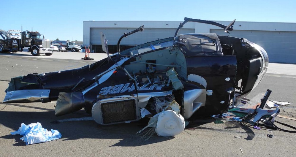 Wreckage of Airbus Helicopters AS350B3 N711BE on the ramp at Carlsbad, CA (Credit: NTSB)