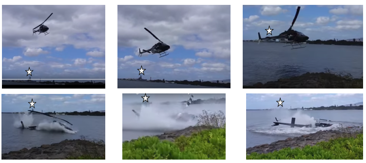 Genesis Helicopters Bell 206B3 N80918 Survivable Water Impact (SWI) in Pearl Harbour, Honolulu (Credit: Shawn Winrich) White Star Marks USS Missouri as a Fixed Reference Point.  Time from First Photo to Fourth (Impact) c 3s