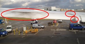 United Airlines B787-800 N26906: Possible Lightning Attachment Near Left Aileron (Credit: via NTSB)