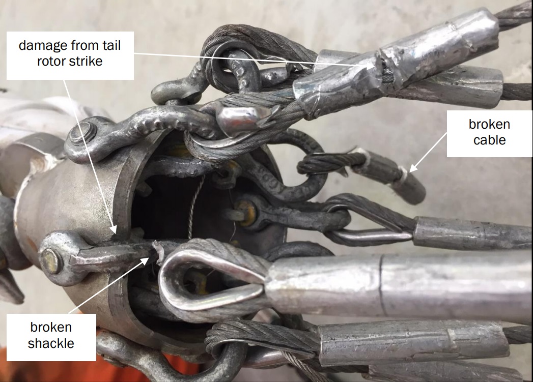 Monsoon Bucket Cable Damage on Way To Go Heliservices' Airbus Helicopters AS350BA ZK-HKW (Credit: TAIC)