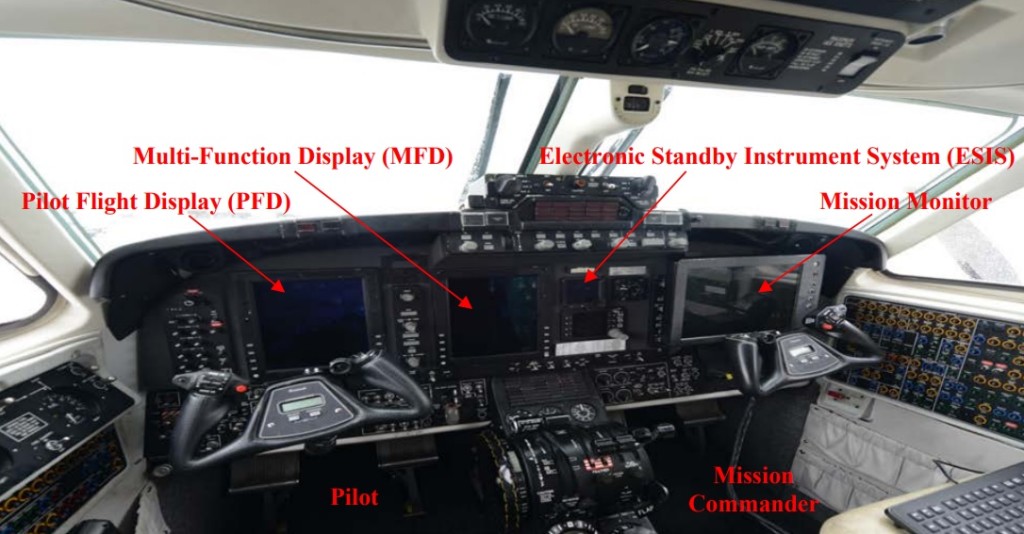 MC-12W Cockpit with Rockwell Collins Pro Line 21 Dispalys and a the Mission Display Deployed in Front of he Mission Commander (Credit: USAF)