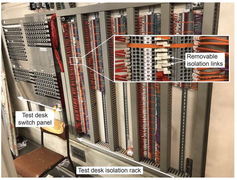 Test desk switch panel and isolation rack in Waterloo relay room. White links are conductive, red and orange links are dummy (isolating) links which are fitted to prevent unintentional fitting of conductive links. (Credit: RAIB)