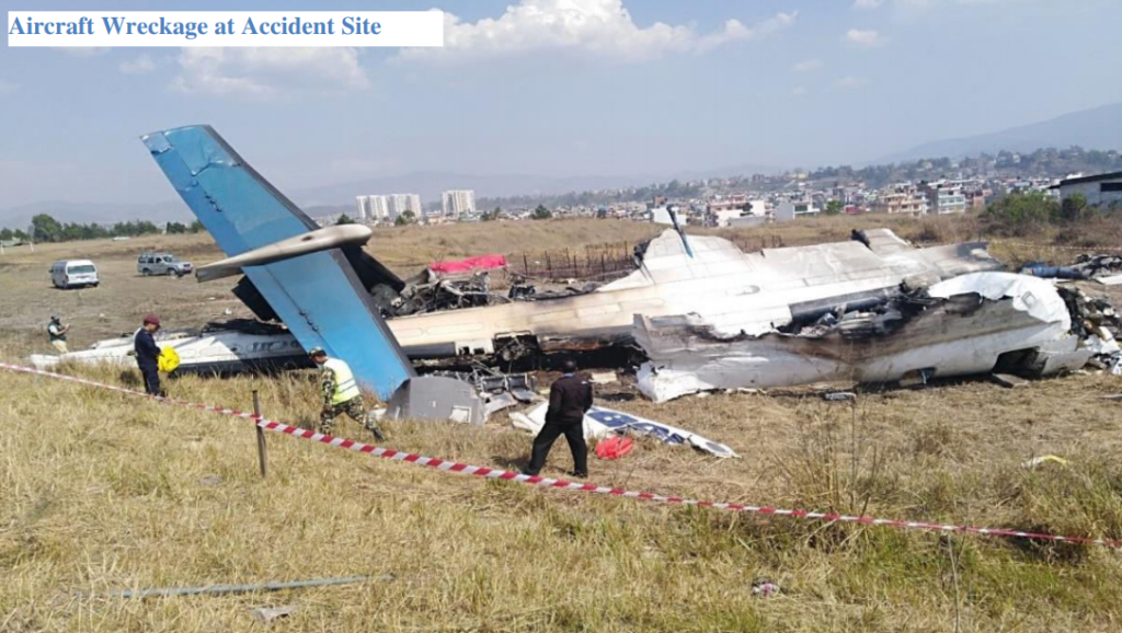 Wreckage of US-Bangla Airlines de Havilland Canada DHC-8-402Q Dash 8 S2-AGU at Kathmandu-Tribhuvan Airport (Credit: Nepal AIC)