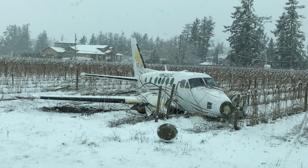 Wreckage of Island Express Air. Beechcraft King Air B100 C-GIAE at Abbotsford Airport, BC (Credit: Transport Canada via TSB)