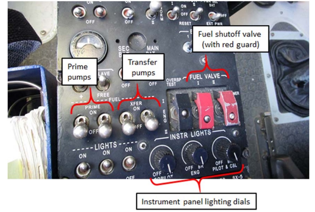 Fuel Controls and Cockpit Lighting Dimming Switches (Credit: FAA via NTSB)