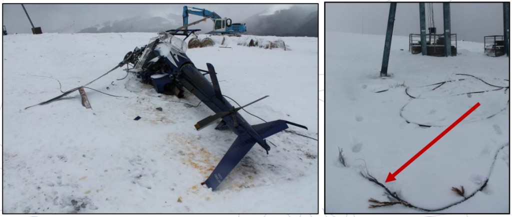 Dunca Expeditii Airbus Helicopters AS350B3 YR-DEX Wreckage and Severed Chairlift Cable (Credit: AIAS Romania)