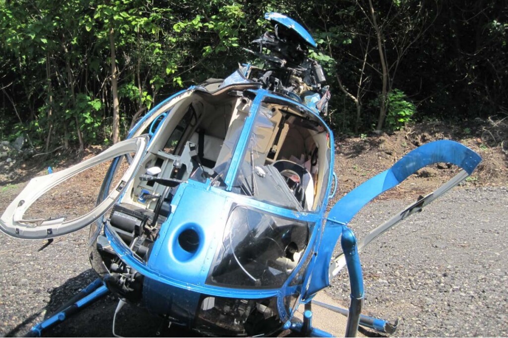 Recovered Wreckage of Private MD Helicopters 369E (500E) After Goose Encounter (Credit: FAA via NTSB)