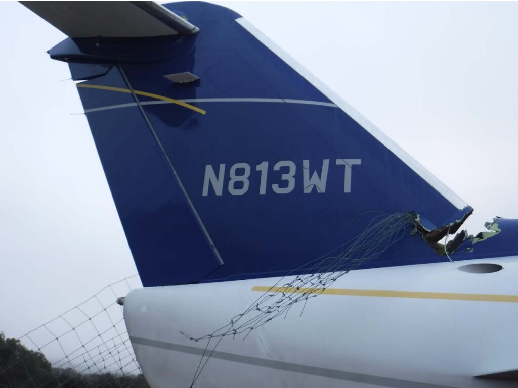 Tail Damage of Canadair CL600 Challenger N813TW at Ox Ranch, TX (Credit:  Lone Star Removal via NTSB)