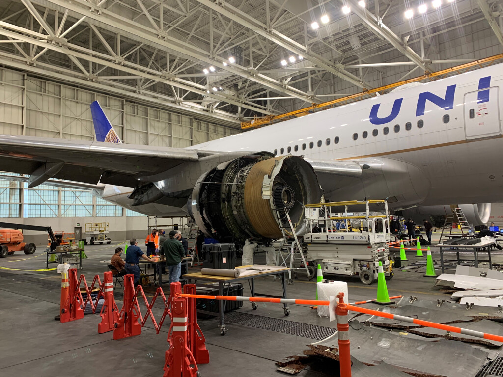 United Airlines Boeing 777-222 N772UA in a Hangar in Denver, CO After the FBO Event (Credit: NTSB)