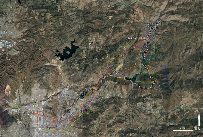 Sky Combat Ace (SCA) Extra EA300 N414MT Route to El Capitan Reservoir, Four Corners, CA on Avvident Flight (White Dots) with Previous Flights by the Same Pilot Marked Too (Credit: NTSB)