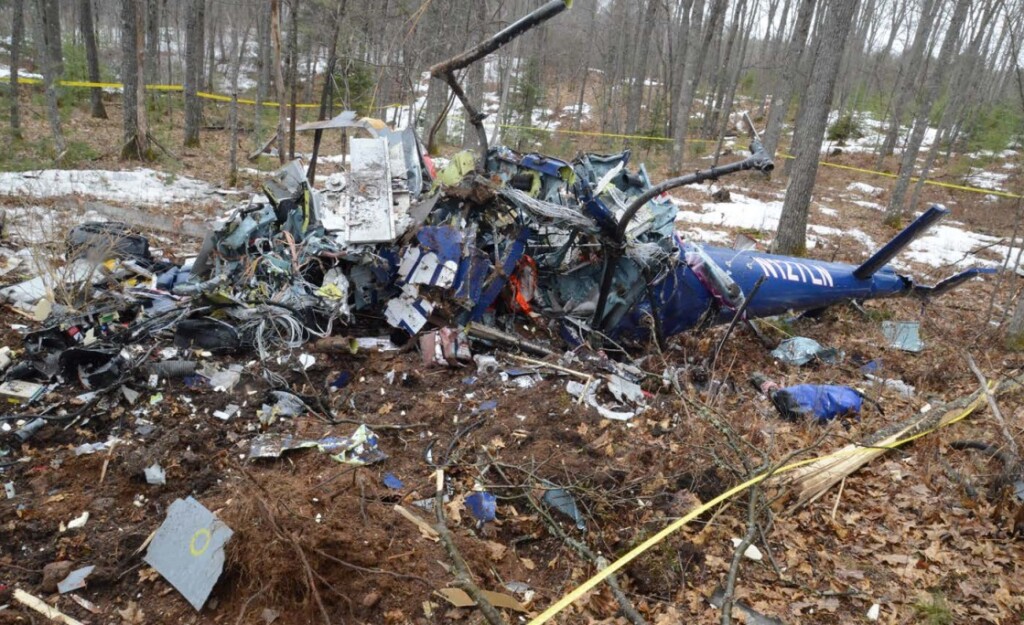 Wreckage of Air Methods (AMC)  Airbus Helicopters AS350B2 Air Ambulance N127LN near  Hazelhurst, WI (Credit: NTSB)