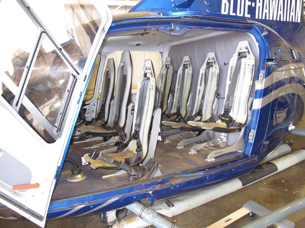 Cabin of Blue Hawaiian Helicopters Airbus EC130T2 - Seat Cushions Have Been removed - Note Varied Seat Stokes (Credit: NTSB)