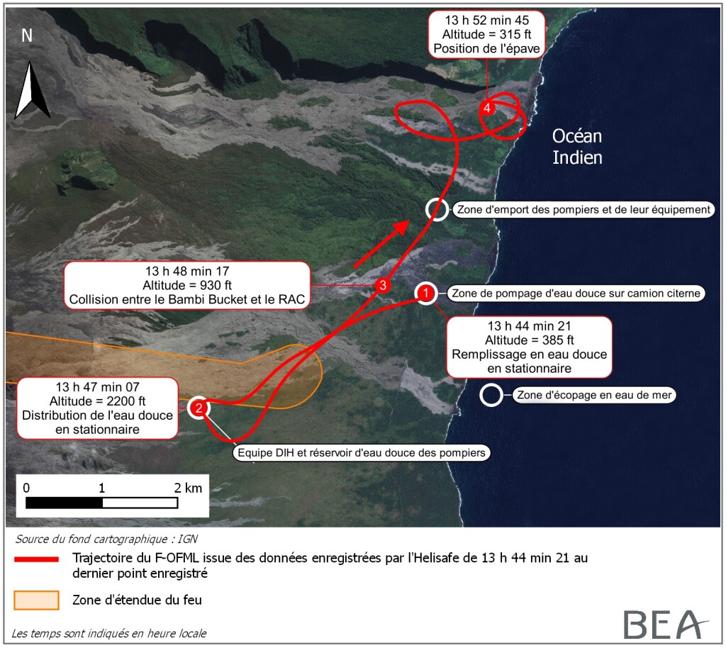 Route of Hélilagon Airbus AS350B3e / H125 While HESLO Fire-Fighting at the Piton de la Fournaise Volcano, Réunion (Credit: BEA)