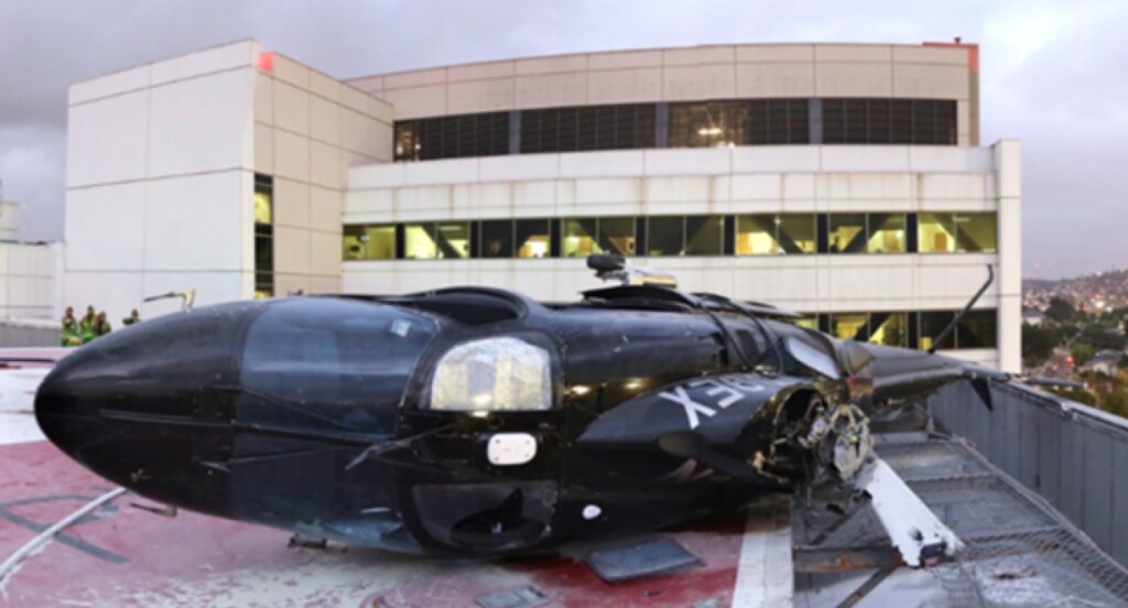 Wreckage of Helinet Aviation Services / Prime Healthcare Leonardo Helicopters A109S on Rooftop Helipad of Los Angeles Co/USC Medical Center Heliport (35CA), Los Angeles (Credit: NTSB)