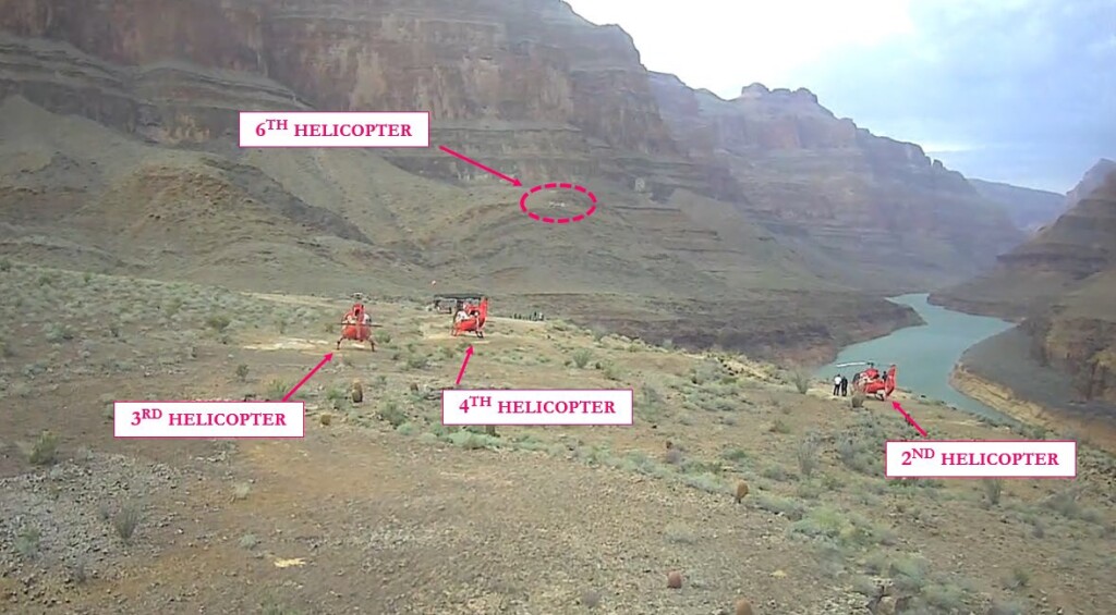 View from 5th Aircraft as 6th Aircraft Approaches the Papillion Quartermaster Landing Area, Grand Canyon (Credit: via NTSB)