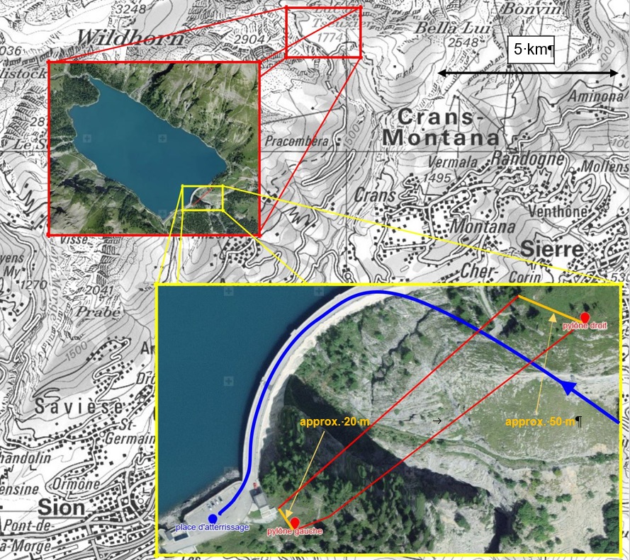 Air-Glaciers Airbus AS350B3 HB-ZCZ Wire Strike: The approximate course of the helicopter in the final approach phase from the SE side (dotted blue line) shown on the Web-GIS online obstacle map4Obstacle Map (WeGOM). The route of the power line (red line) with a length of 227 m to the south of the dam is offset by approximately 20 respectively 50 meters from the actual route (dotted red line) (Source: Federal Office for Topography via SUST)