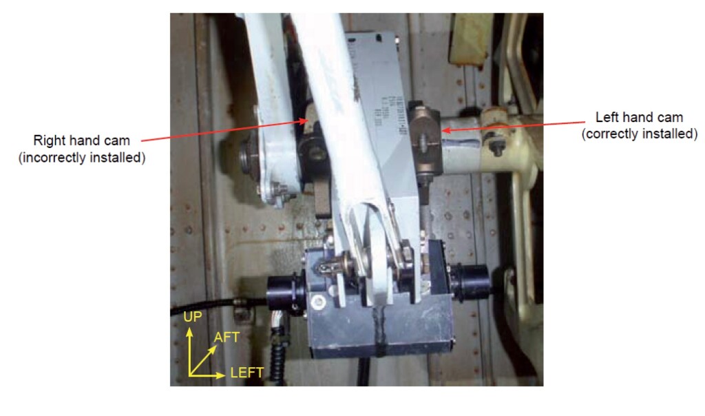 Air Contractors ATR72 EI-SLG View looking aft on TLU – right cam incorrectly installed (Credit:L AAIB)