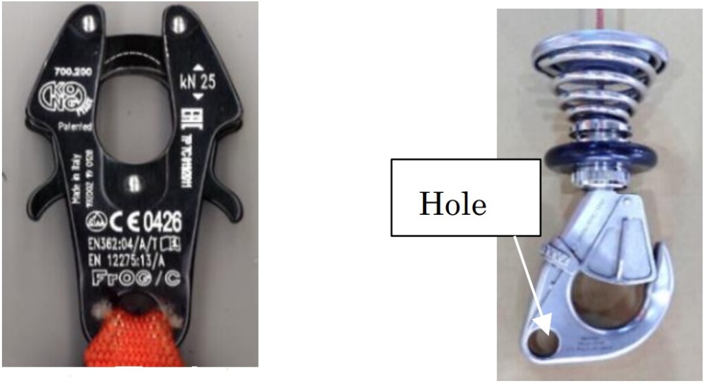 ARS Hoist Weight Hook (left) and the Hoist Hook with Attachment Hole (right): Sapporo City Fire Department SAR Leonardo AW139 JA12AR Dropped Object Serious Incident (Credit: JTSB)