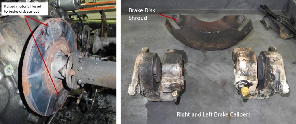Close up View of Rotor Brake Disk and Calipers After Removal. Note the Raised Material Fused to the Surface of the Disk.  Trauma Star S-76A++ Air Ambulance N911FK (Credit: NTSB)
