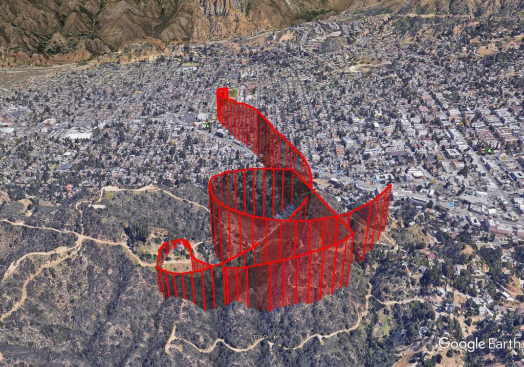 Accident Portion of Flight  LAFD AW139 N304FD  - starting at right and exiting north to the sports field (Credit:  NTSB)