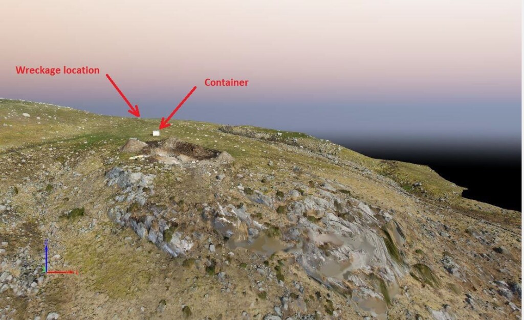 3D illustration of the accident site, looking northeast, the day after the helicopter was removed. The hole in the ground is for pylon 155. (Credit: Nordic Unmanned via NSIA)