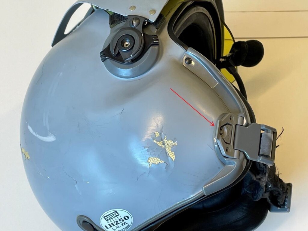 Helmet of of Helitrans Airbus AS350B3 LN-OFQ after HESLO Dynamic Rollover (Credit: NSIA)