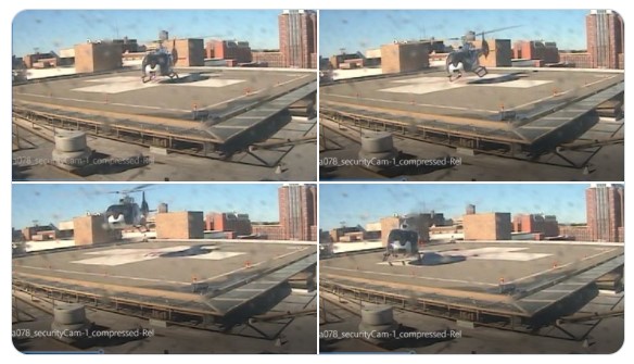 CCTV Images of Air Evac Lifeteam Airbus EC130T2 Incident on an Elevated Hospital Helipad in Memphis (Credit: via NTSB)